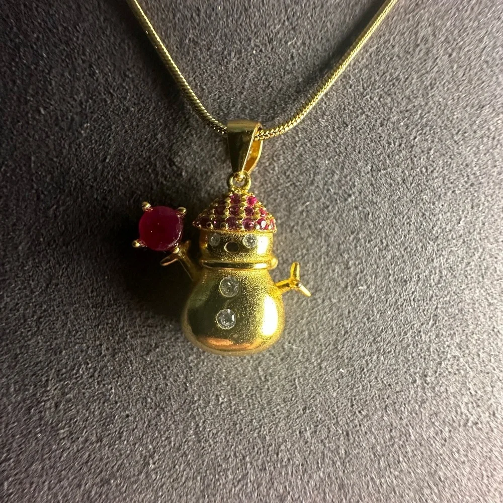 Adorable Gold and Rhodolite Snowman Pendant Necklace - Picture 7 of 11